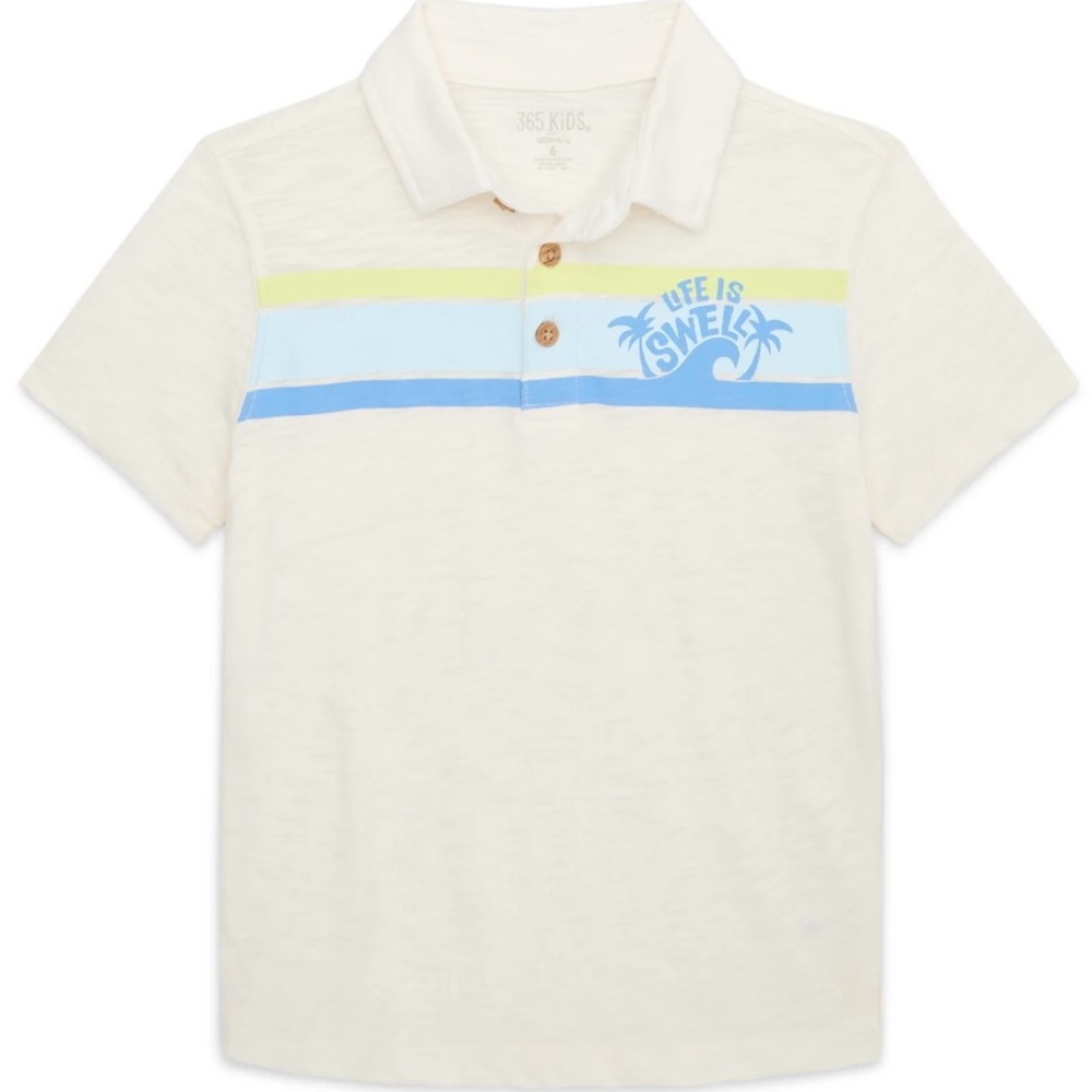 New-‘Life is Swell’ Polo Shirt with Blue and Yellow Stripes, size 5